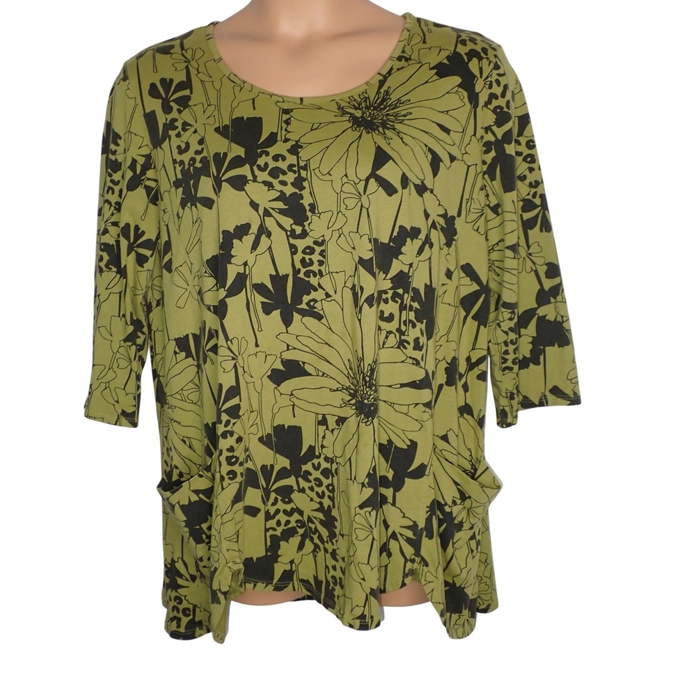 Cotton Lani Women Floral Print Pocket Tunic Top Green XL 3/4 Sleeve Artsy Casual